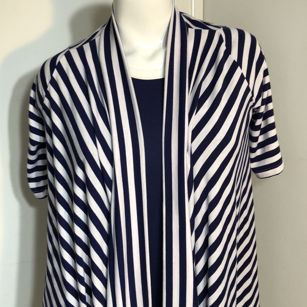 Miuse Navy Stripe Cascading Open Front Stretchy Knit Cardigan Jacket - Picture 2 of 8